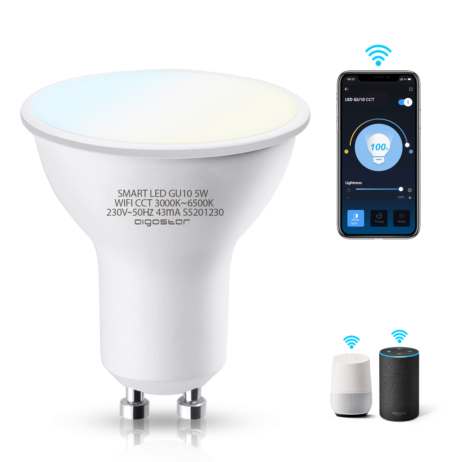 Aigostar 202088, 1 ud, Bombilla LED inteligente WiFi GU10, 5W. Regulables de luz cálida a blanca (3000 a 6500 K). Bombilla inteligente compatible con Alexa y Google Home. Equivalente a 35W incandescente （202088）