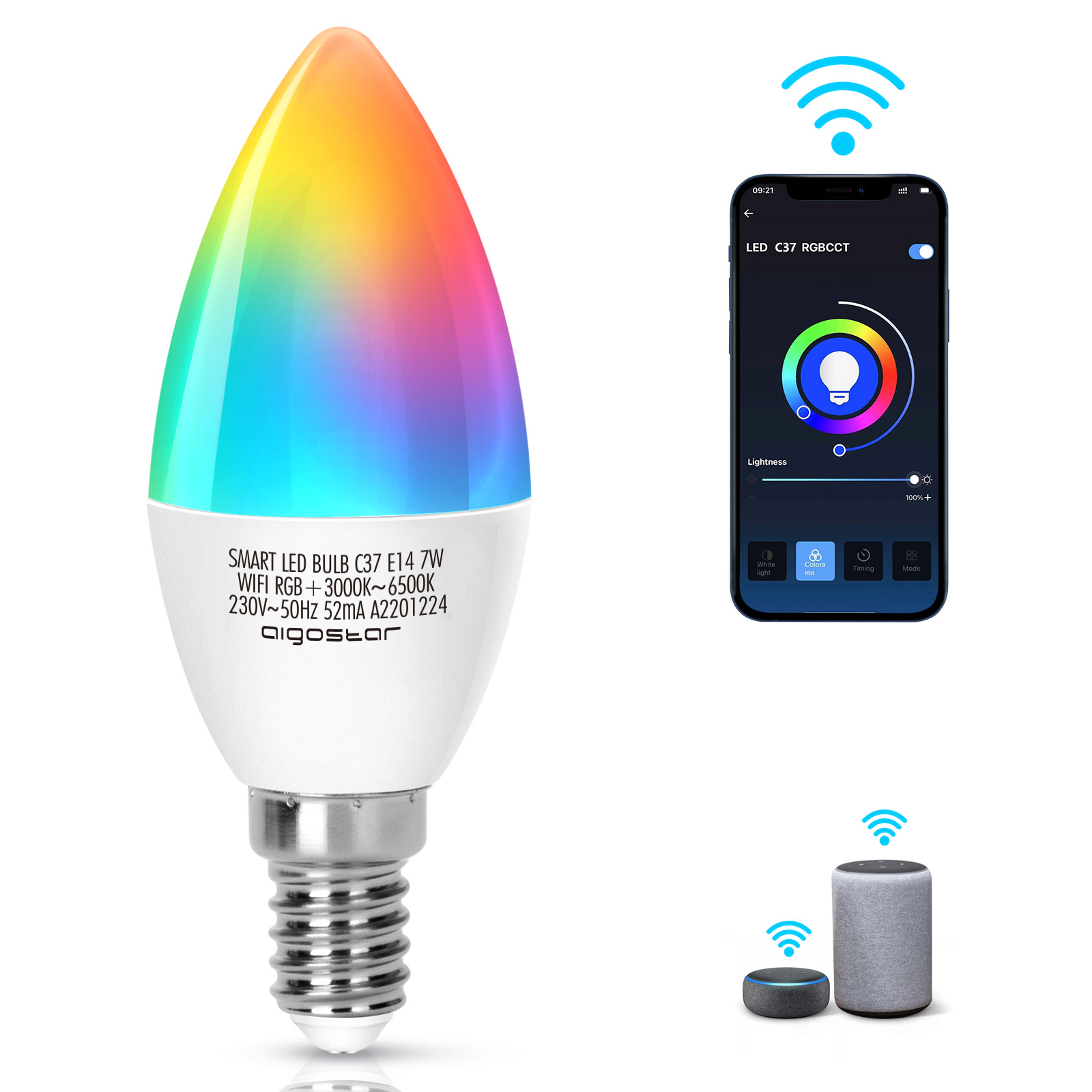 Aigostar 202781, 1 ud, Bombilla LED inteligente WiFi vela C37, 7W, E14 rosca fina, RGB + CCT. Regulable multicolor + luz cálida o blanca 3000 a 6500K, 500lm. Compatible Alexa y Google Home.