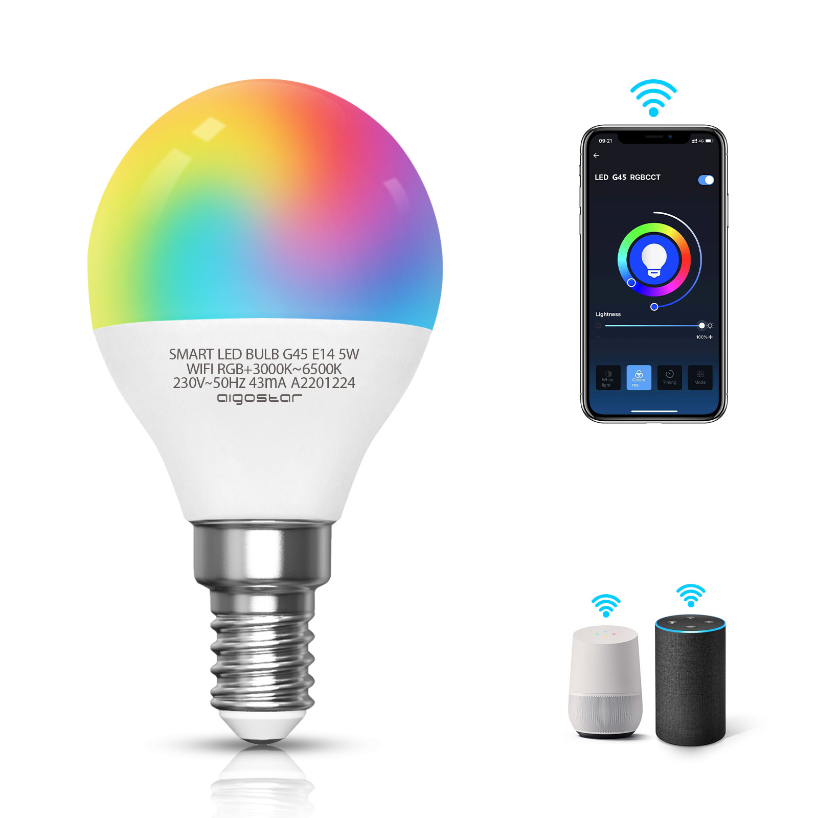 Aigostar 202040, 1 ud, Bombilla LED inteligente WiFi G45, 5W, E14 rosca delgada, RGB+CCT. Regulable multicolor + luz cálida o blanca 3000 a 6500K, 350lm. Compatible Alexa y Google Home 