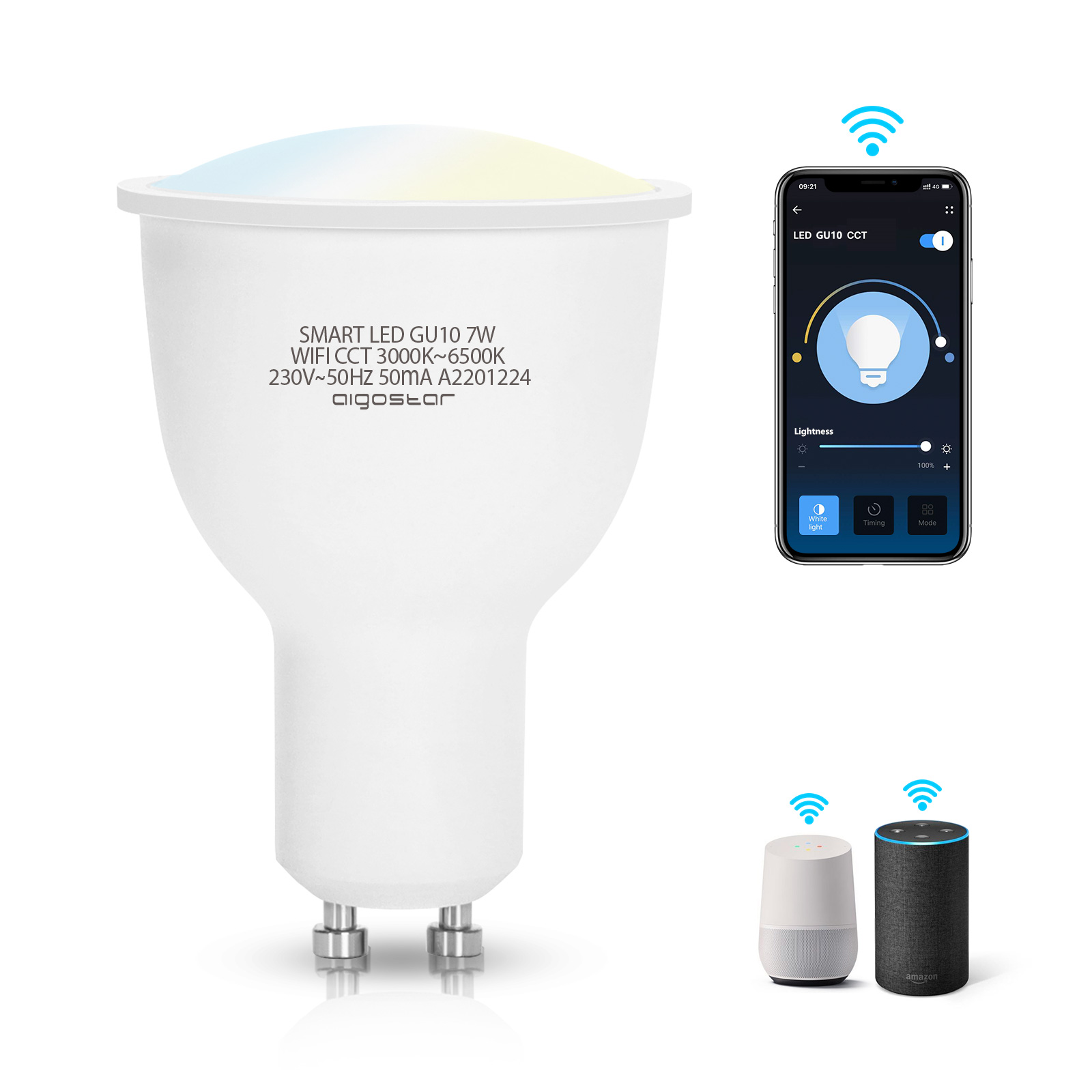 Aigostar 202866, 1 ud, Bombilla LED inteligente WiFi GU10， 7W. Regulables de luz cálida a blanca (3000 a 6500 K). Bombilla inteligente compatible con Alexa y Google Home. Equivalente a 39W incandescente
