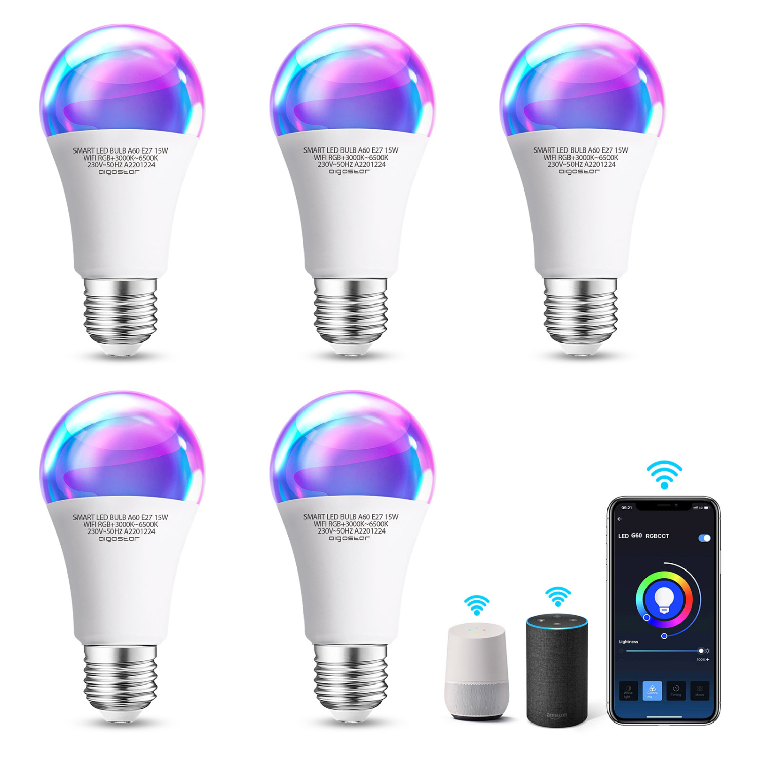 Aigostar 15W Bombilla LED inteligente WiFi A60, 1300LM, E27 casquillo gordo, RGB + CCT. Regulable multicolor+ luz cálida o blanca 3000 a 6500K, Compatible Alexa y Google Home, 5 Pack, energética A+